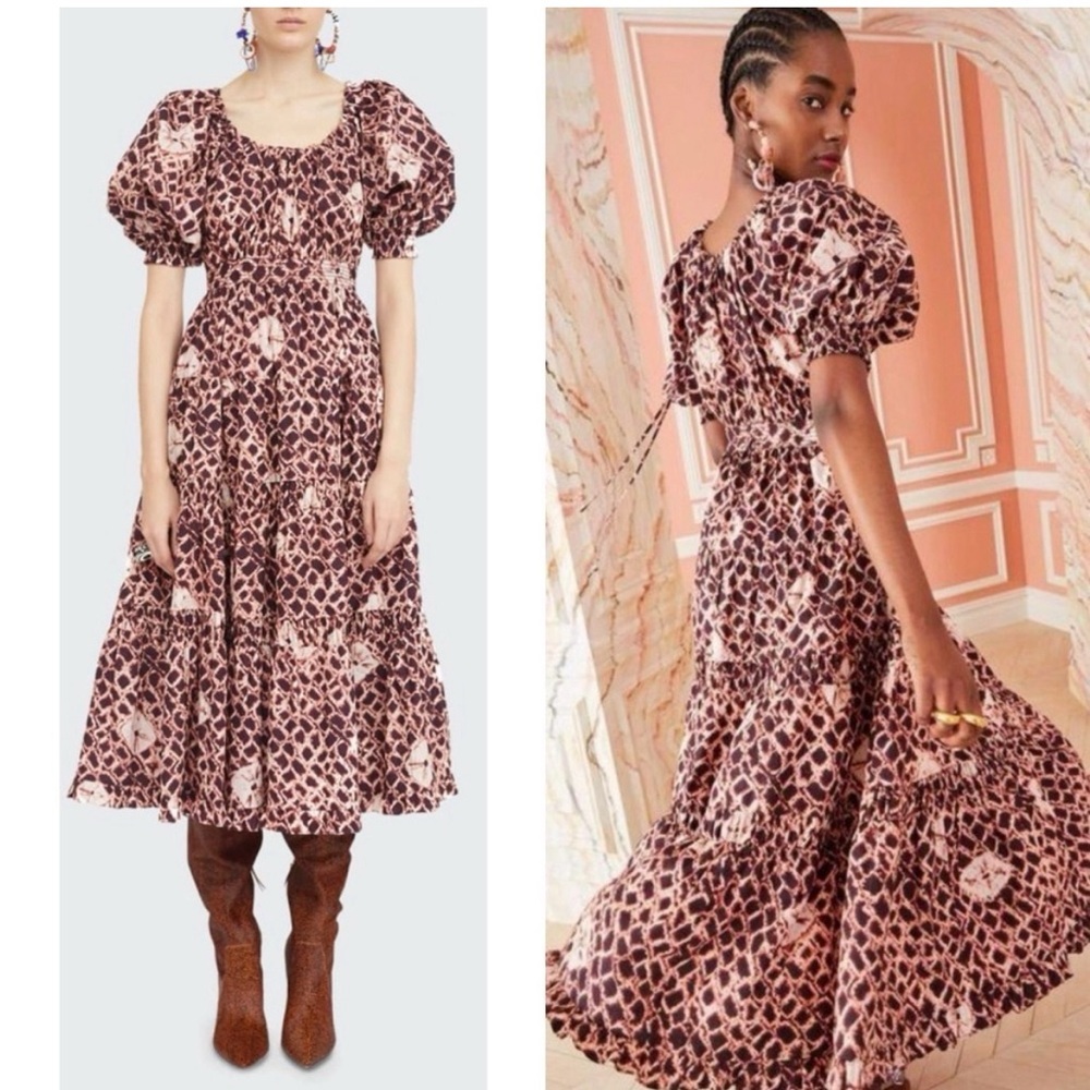 Ulla Johnson Purple Printed Shibori Poplin Colette‎ Midi Puff Sleeve Dress